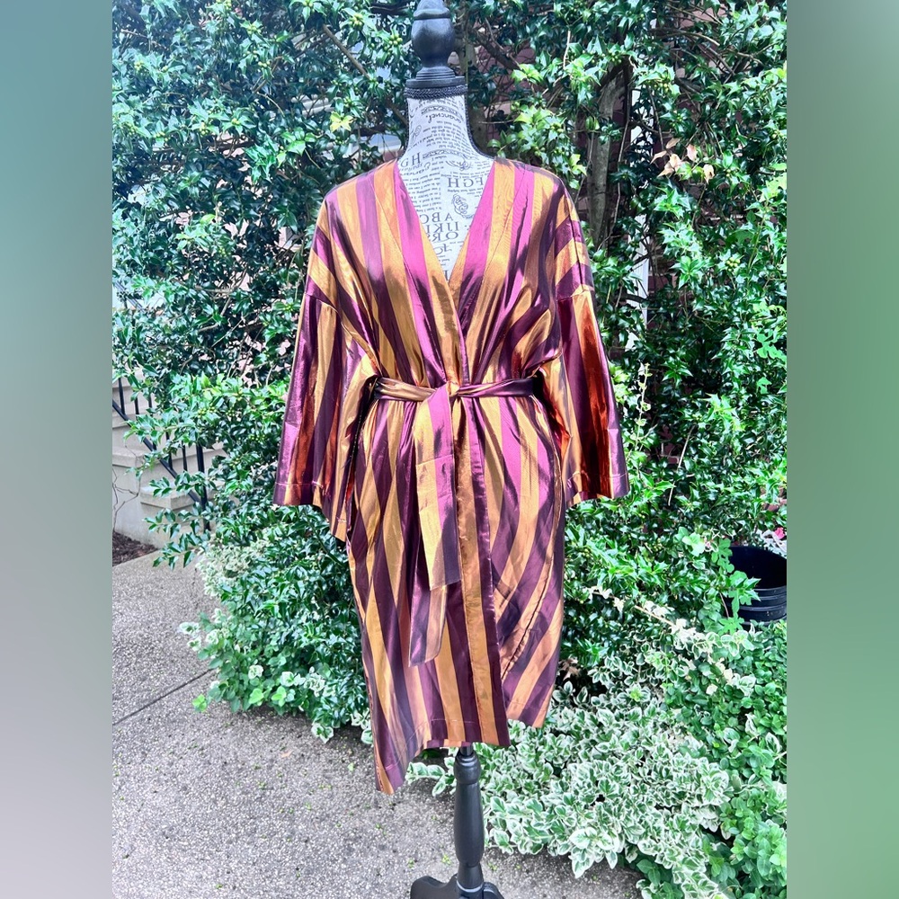 Manila Grace Metallic Striped Burgundy Orange Robe Coat Duster IT 44 fits 6-8